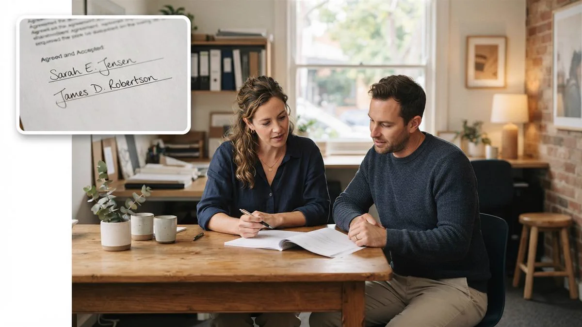 Two business partners reviewing a shareholders agreement